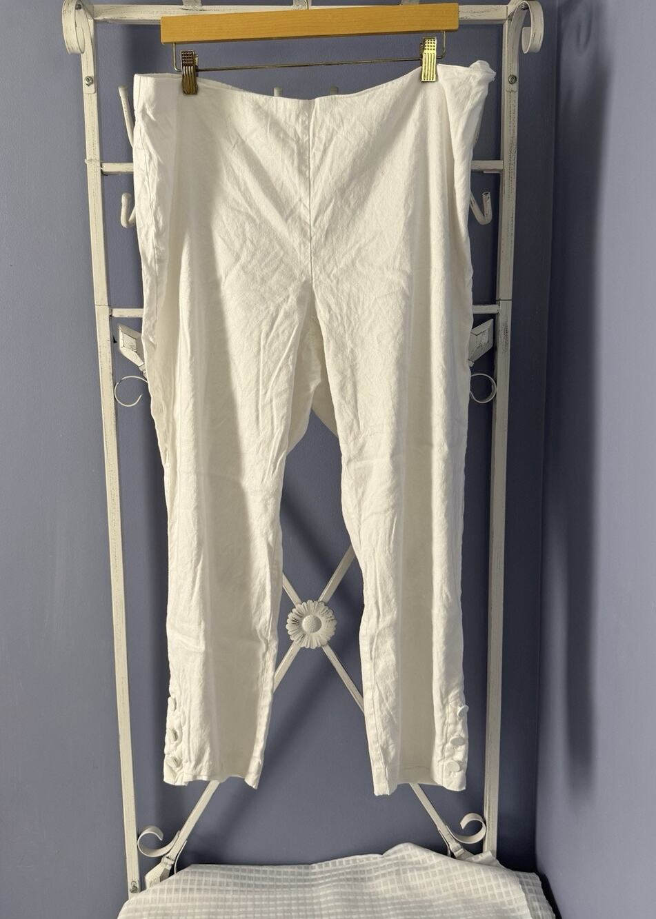 J. Jill Linen Stretch Sz XL Macadamia White Button Hem Slim Ankle Pants Pull On